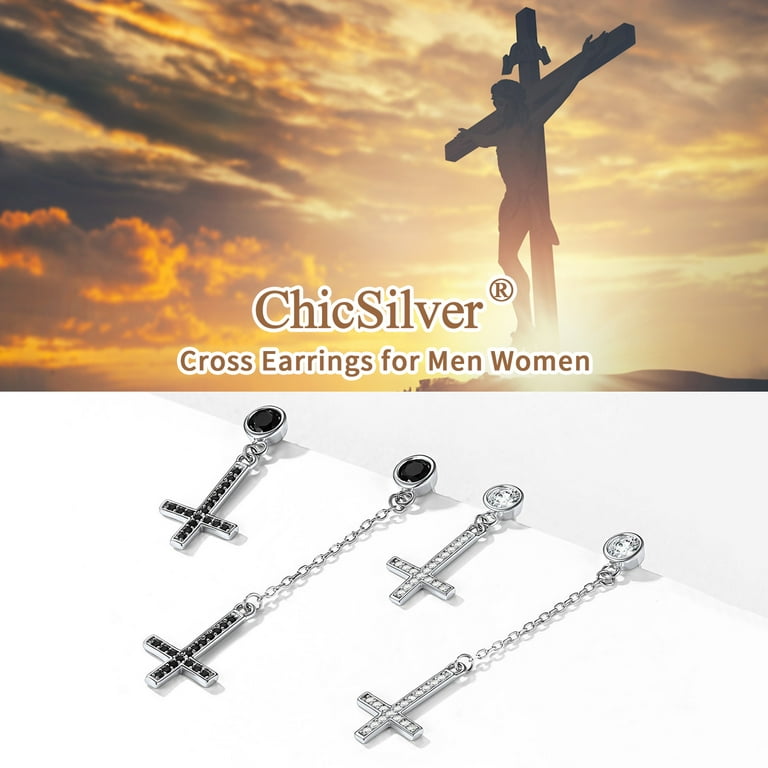 ChicSilver Men Inverted Cross Earrings Women Sterling Silver Drop Earrings  Asymmetric Upside Down Black Cross Earrings Christmas Jewelry Gift
