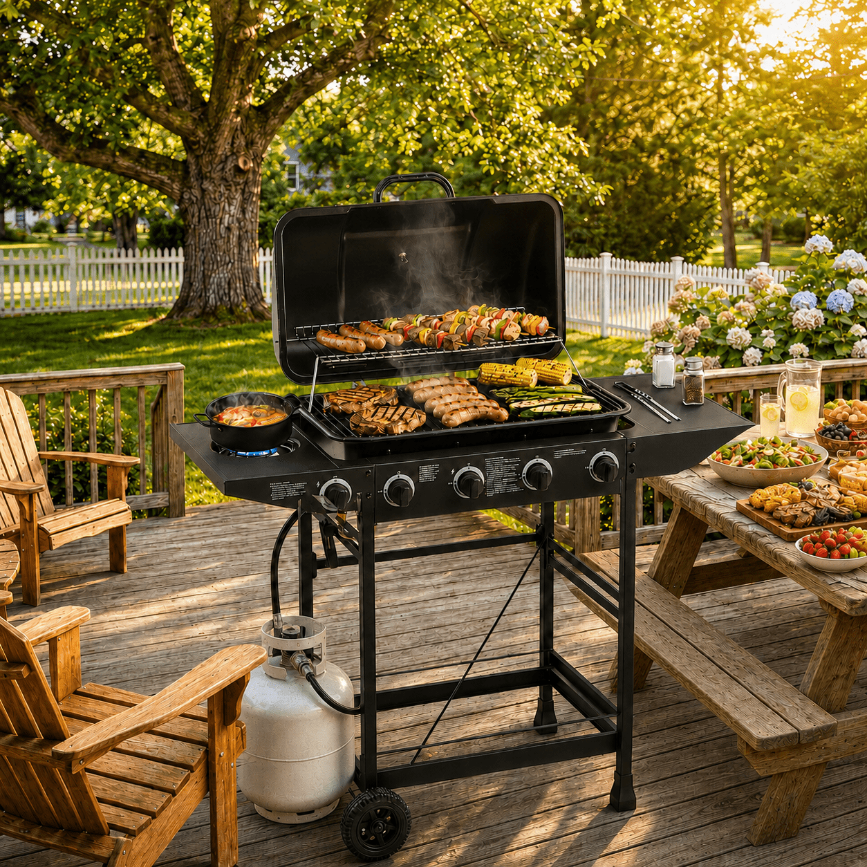 4 Burner Propane Gas Grill with Side Burner, 42000 BTU Stainless Steel BBQ Grill with Cast Iron Grates, 534 Sq In Cooking Area, Outdoor Barbecue Grill with Side Tables for Patio Backyard Cooking