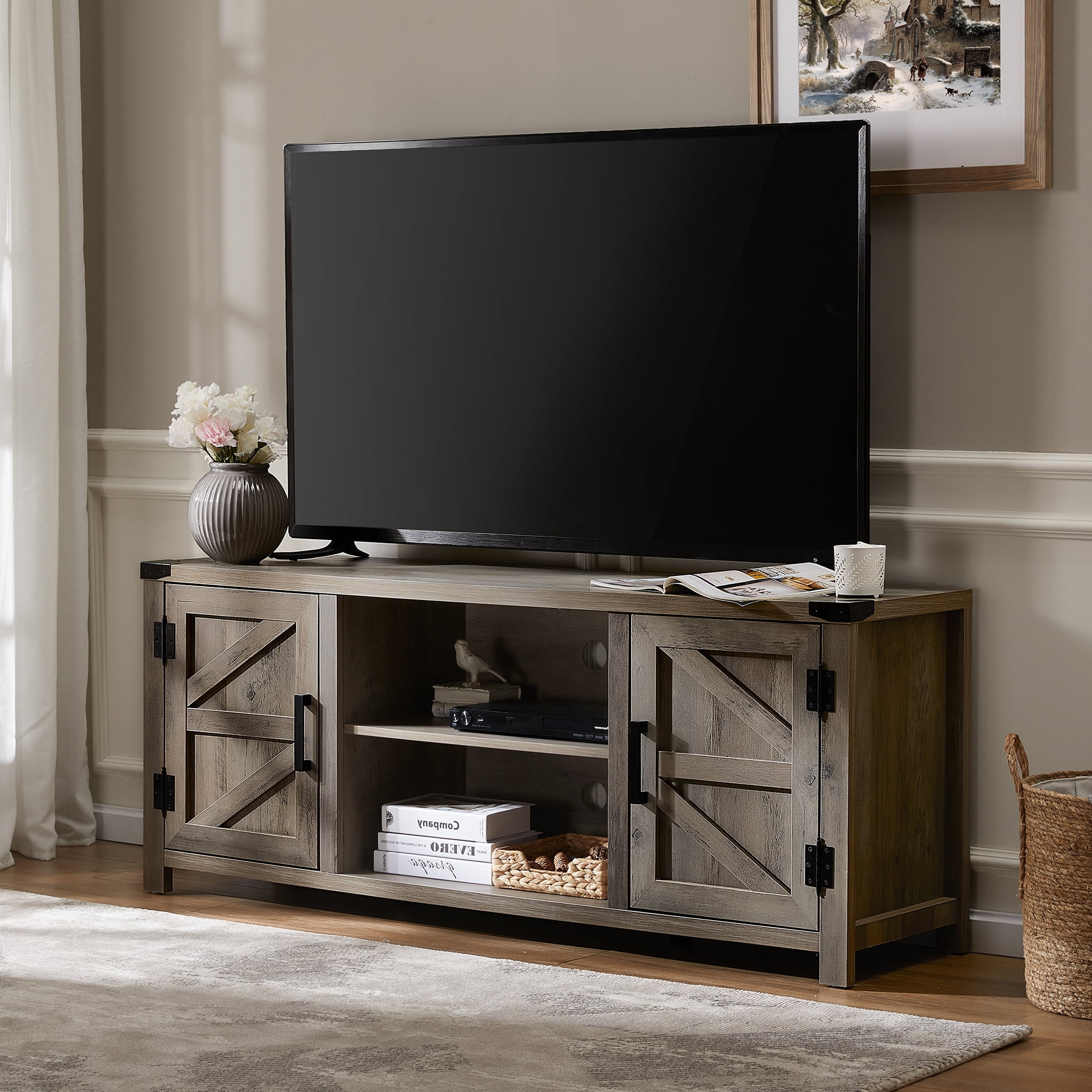 Gray Wash Barn Door TV Stand for TVs to 64 inches Rustic Modern Farmhouse Grey 