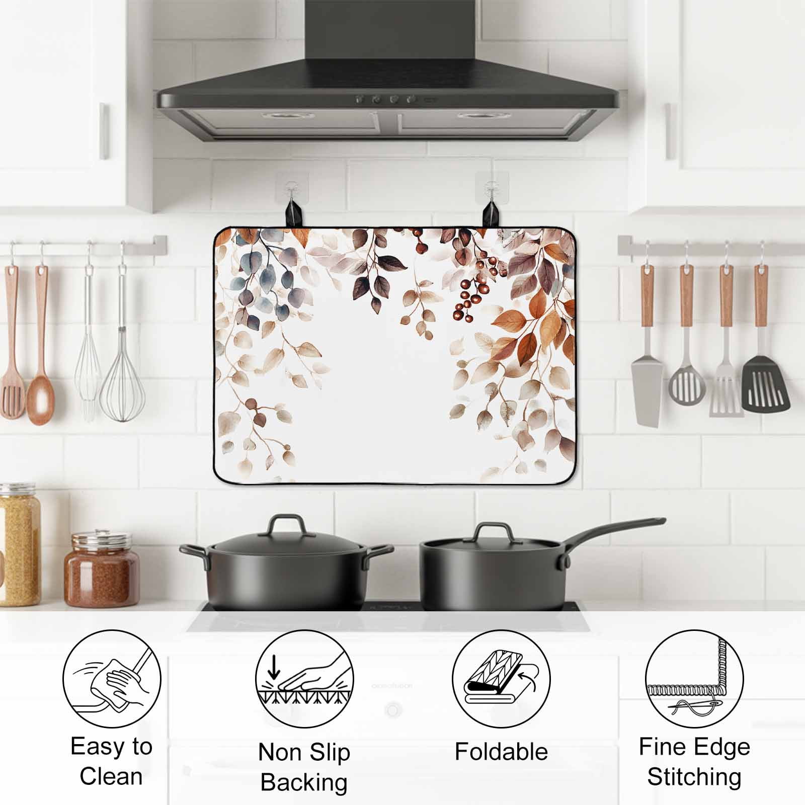 Eucalyptus Leaves Stove Top Cover for Electric Stove, Heat-proof & Non Slip Glass Top Stove Cover Protector, Orange Blue Botanical Vintage Kitchen Flat Cooktop Rubber Mat 24x21 Inches
