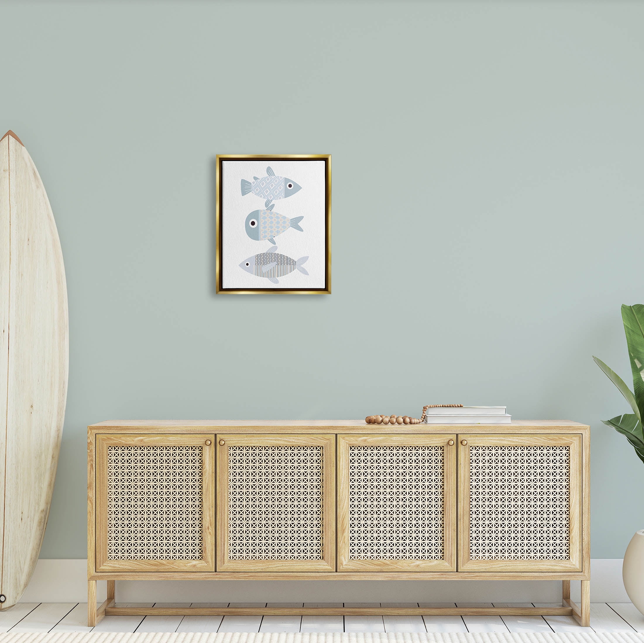 Stupell Industries Three Whimsical Patterned Fish Sea Life Graphic Art Metallic Gold Floating Framed Canvas Print Wall Art, Design by Kim Allen