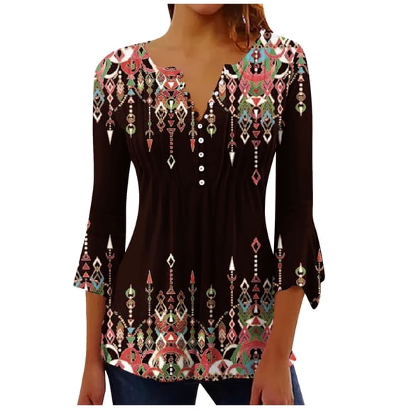 IROINNID Discount Plus Size Shirts for Women Crew Neck Long Sleeve Casual Round Neck Floral Printed Tunic Shirts Summer Basic Shirts Pleated Blouse,Brown