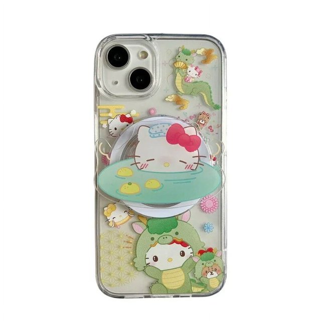 Cute Sanrio Hello Kitty Magnetic Bracket Magsafe Wireless Charge Phone Case For iPhone 15 14 13 12 11 Pro Max Clear Hard Cover RJ