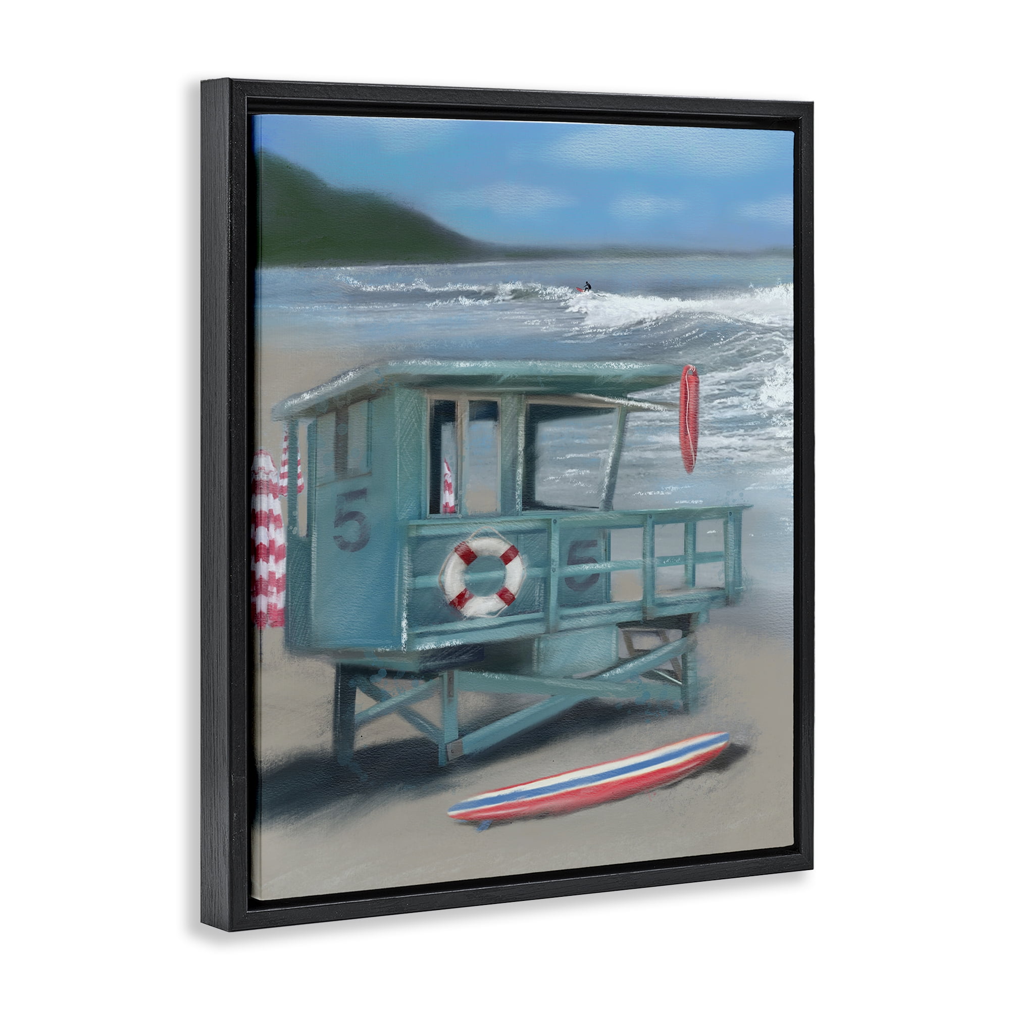 Stupell Industries Lifeguard Stand on Shore Coastal Painting Black Floater Framed Canvas Art Print Wall Art, 17 x 21