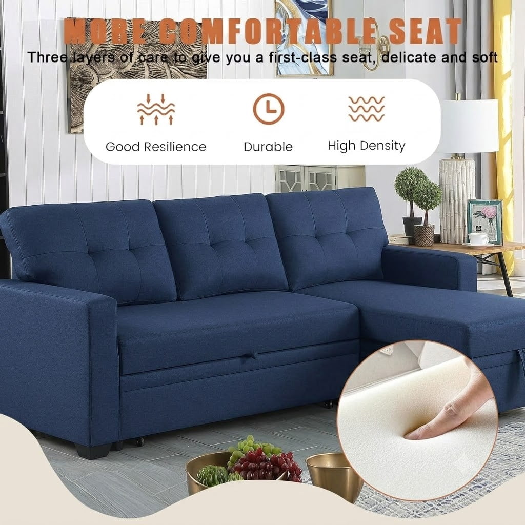 Howcool 82" Convertible Sleeper Sofa Bed, Pull-Out Couch with Reversible Storage Chaise, L-Shaped Sectional Couch with USB Charging, Linen Fabric Sofa for Small Living Room Apartment,Blue