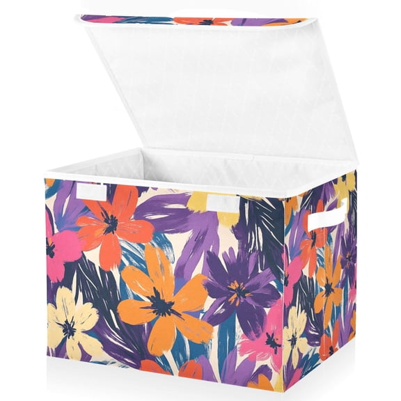 Yayeee Collapsible Cube Storage Bin with Lid Fabric Closet Decorative Basket with Handles, Colorful Painted Flowers Pattern