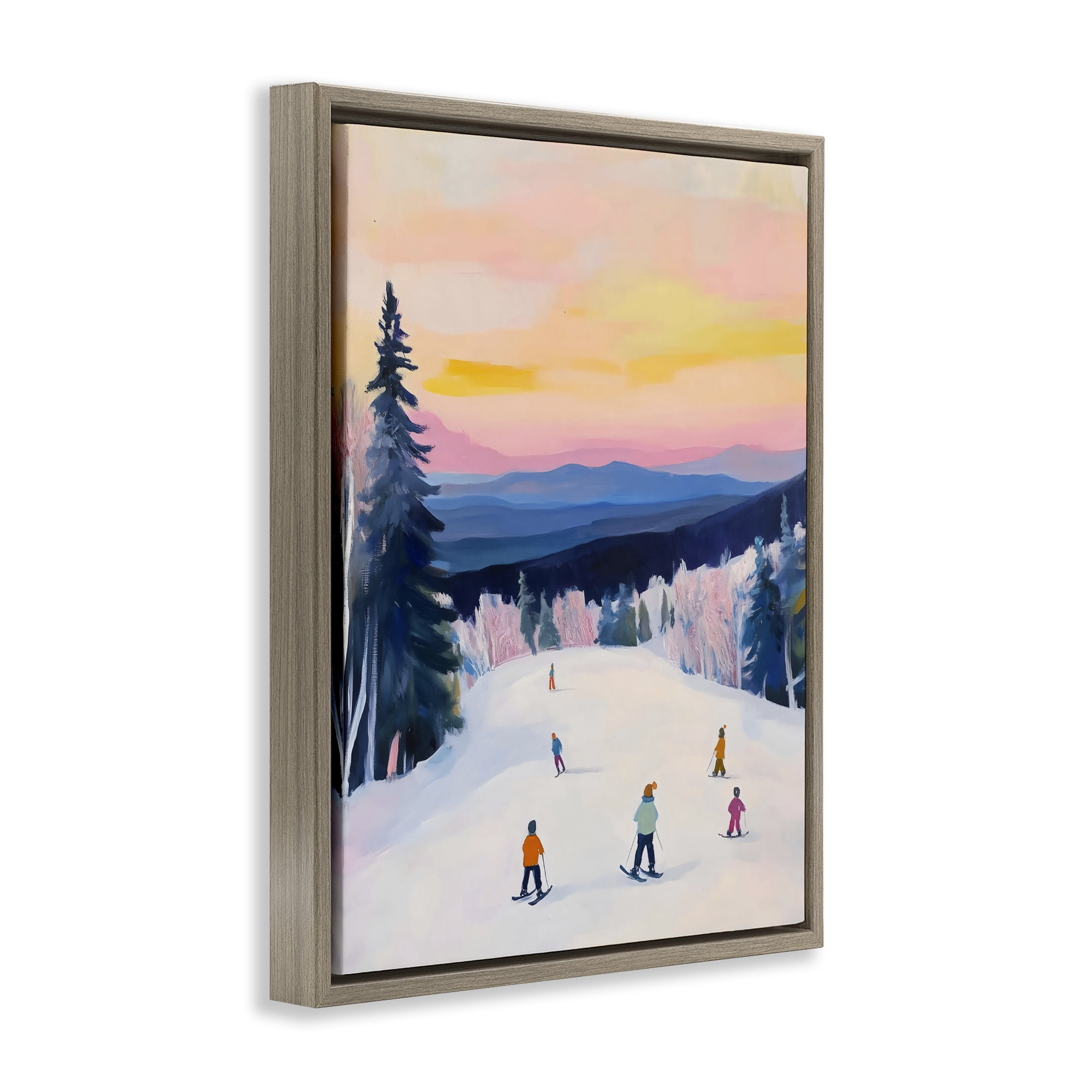 Stupell Industries Snowy Mountain Skiers at Sunset Brown Framed Floater Canvas Wall Art, design by The Prints Vibe