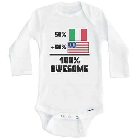 

50% Italian 50% American 100% Awesome Funny Flag One Piece Baby Bodysuit (Long Sleeve) 3-6 Months White