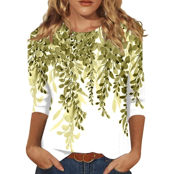 Womens 3/4 Sleeve Tops Cute Leaf Print Graphic Tees Casual Round Neck Blouses Plus Size Basic Pullover Soft Lightweight Tunic Spring Summer 2026 Army Green L