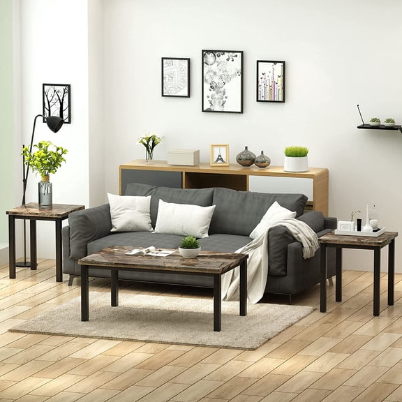 Recaceik 3 Piece Coffee, Living Room 3PCS Set with Faux Marble Tabletop, Includes CoffeeTable and 2 End Tables