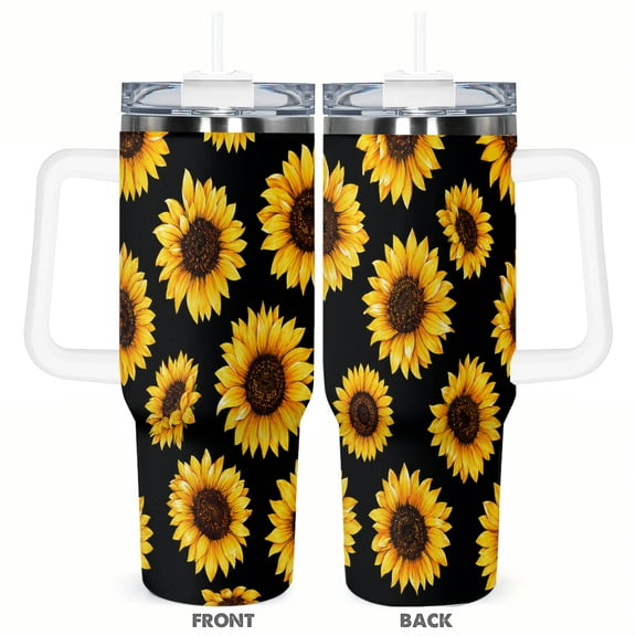 40oz Sunflower Travel Tumbler with Handle and Straw Floral Car Cup Insulated Stainless Steel Coffee Cup Gift for Women Summer Sunflower Lover
