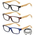 thumbnail image 2 of 3 Pack Light Compact Squared Fashion Reading Glasses Bamboo Temple Spring Hinges with Lanyard +1.25, Black , Brown & Blue, 2 of 2