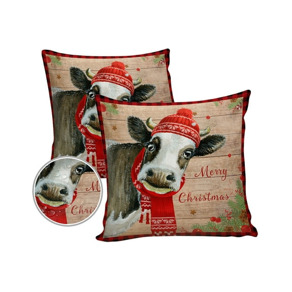 Pack of 2 Outdoor Pillow Covers, Christmas Farm Cow with Red Scarf Wood Grain Waterproof Square Throw Pillowcase Cushion Decorative Pillow Covers for Couch Patio Tent, 16x16 in
