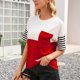 thumbnail image 5 of Camiseta de mujer Bloque de color a rayas Manga corta Cuello redondo Top suelto, Rojo vino, S Speravity AP001245-21, 5 of 7