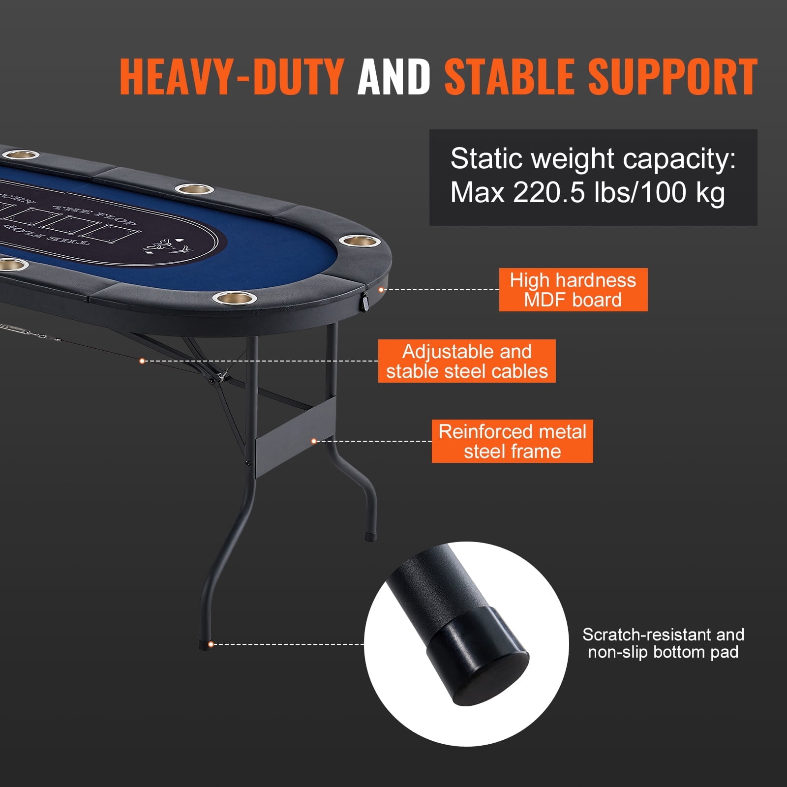 KFFKFF Portable 8-Seat Poker Table, Oval Folding Card Game Table for Texas Holdem & Blackjack, Equipped with Cushioned Edges & Metal Drink Holders, 72" Leisure Gaming Table, Blue