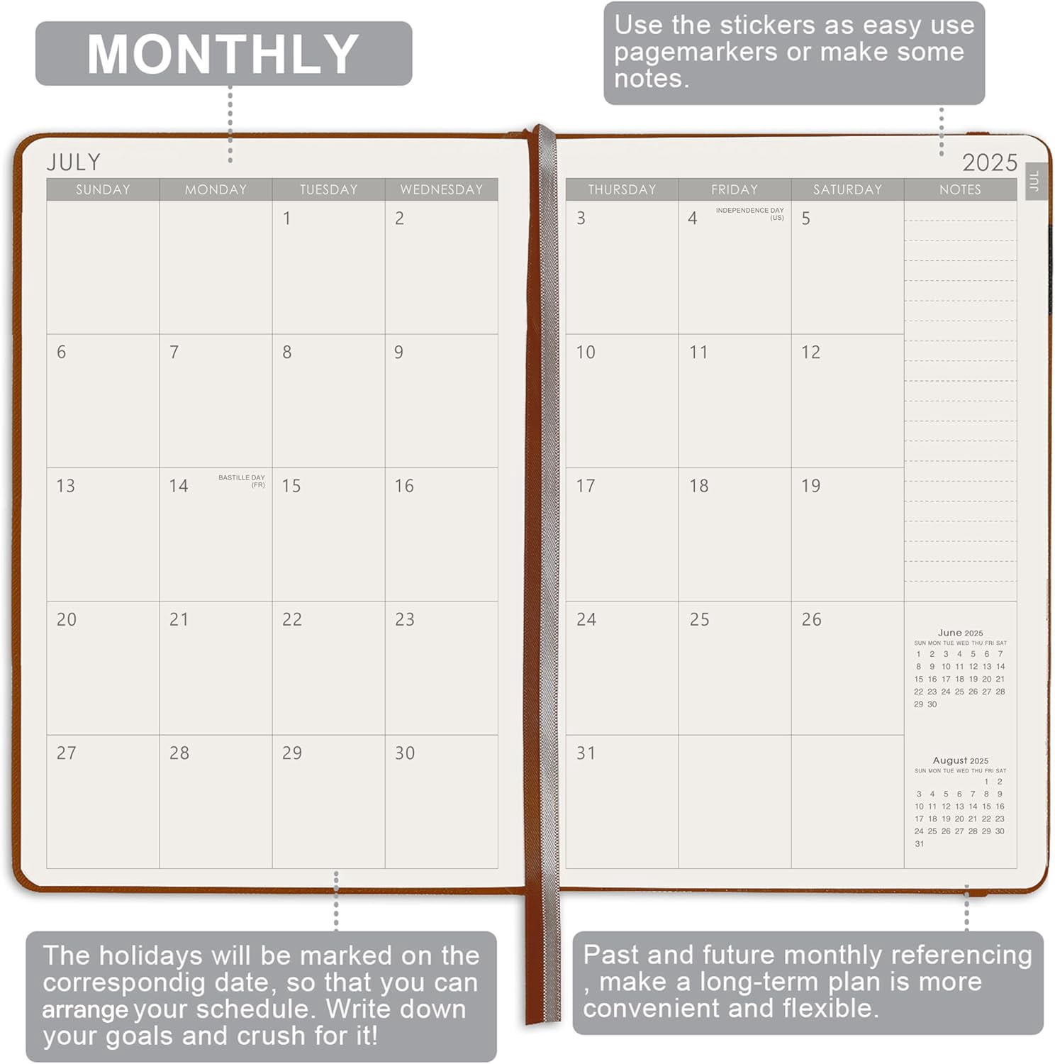 Planner 2025-2026 - Academic Planner 2025-2026 Weekly & Monthly, July 2025 - June 2026, 5.75" x 8.25", Saffiano Leather with Thick Paper, Back Pocket with 40 Notes Pages - Brown