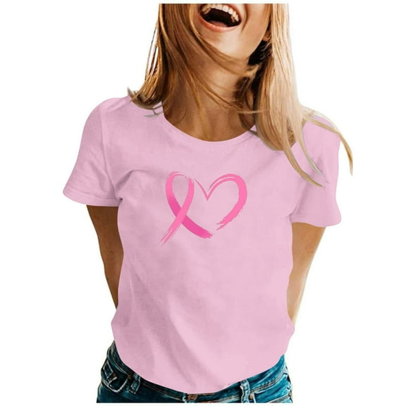 Fartey Women's Breast Cancer Short Sleeve Shirts Cute Heart Pink Ribbon Print Crew Neck Tess Breast Cancer Awareness Tshirts Gifts Tops Pink 3XL
