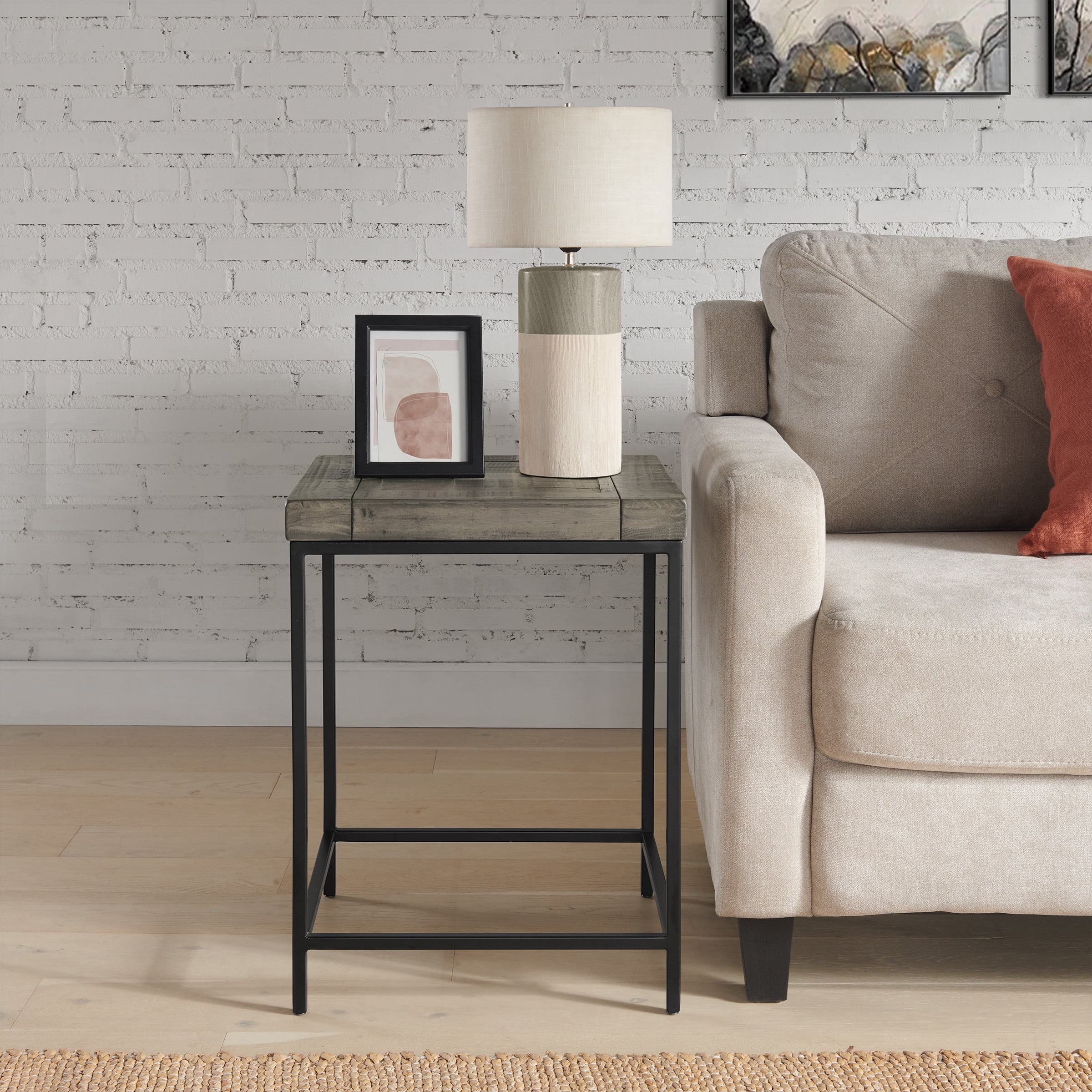 Lavish Home Industrial Modern Vintage Accent End Table with Wood Top and Metal Frame, Gray