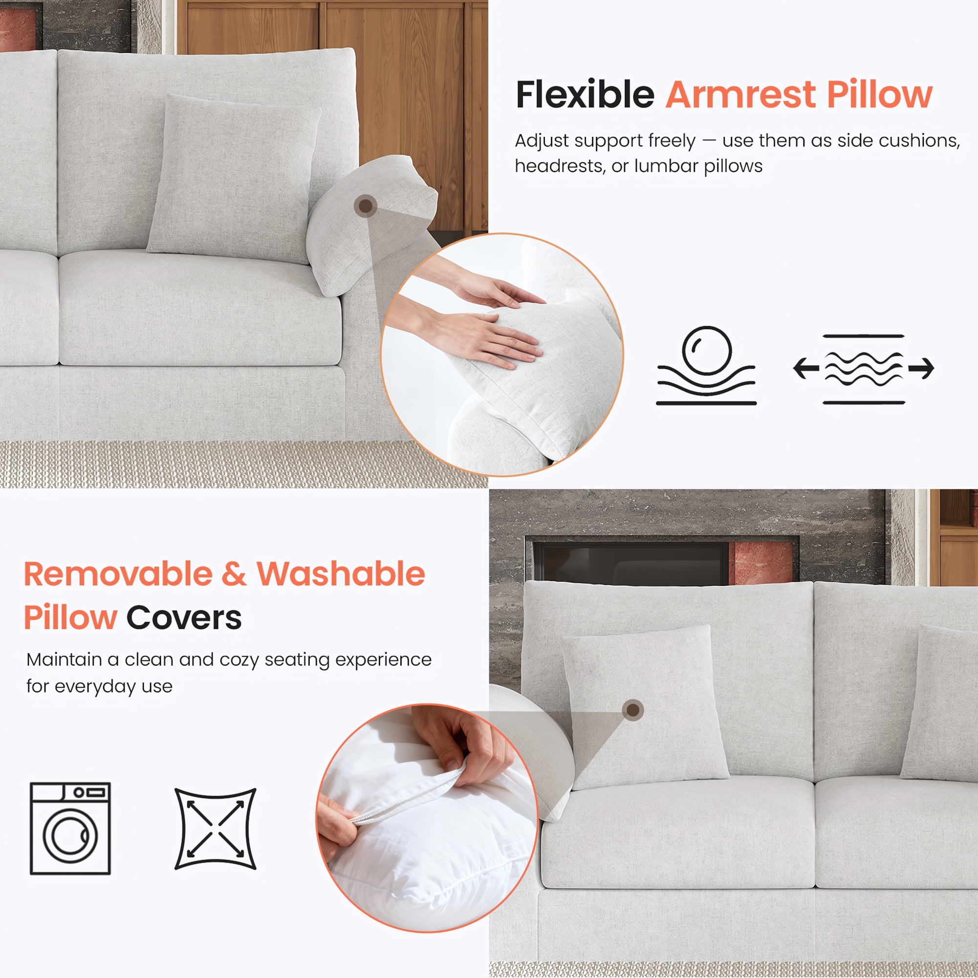 EOP 75.6" Wide Cloud Compression Sofa, Full Sponge Loveseat with Deep Seat, Upholstered Couch with 4 Pillows, No Assembly Required for Small Living Spaces, Beige
