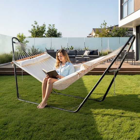 Zimtown Hammock Set, Heavy Duty Double Bar Frame with Quilted Bed & Bottom Storage Net, White & Black