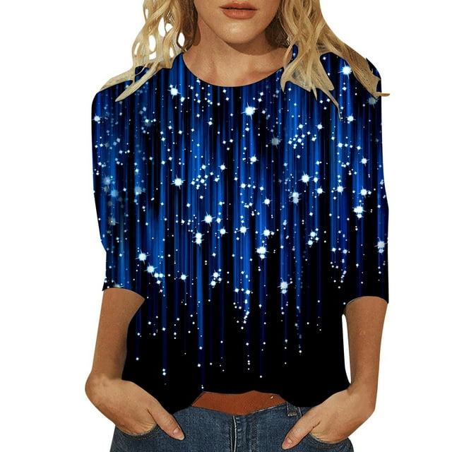 Hauts Scintillants pour Femmes Sortie Décontractée Manches 3/4 Mode Imprimé Floral Col Rond T-Shirts à Paillettes Légers Fête Carnaval T-Shirt Brillant Chandail Tenues Bleu G