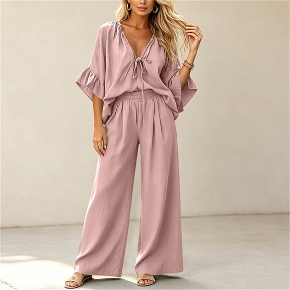 Karymi Matching Sets Women Clothing 2-Piece Loose Set, V-Neck Tie Front Ruffle Elbow Sleeve Top Elastic Waist Wide Leg Pants with Pockets, Summer Outfit Jumpsuits for Women