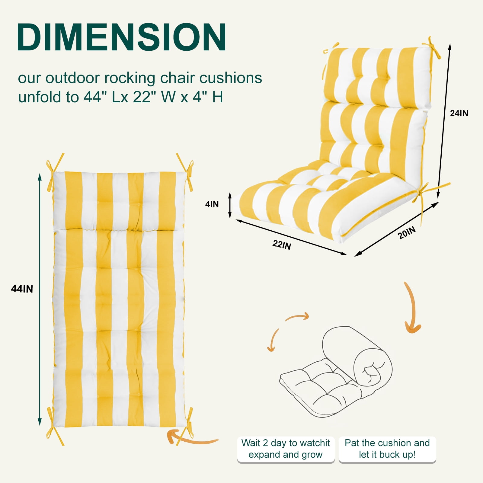 XXLYY Outdoor High Back Chair Cushions 2-Pack, 44”x22”x4” Waterproof Fade-Resistant Cushions with Ties for Adirondack & Rocking Chairs