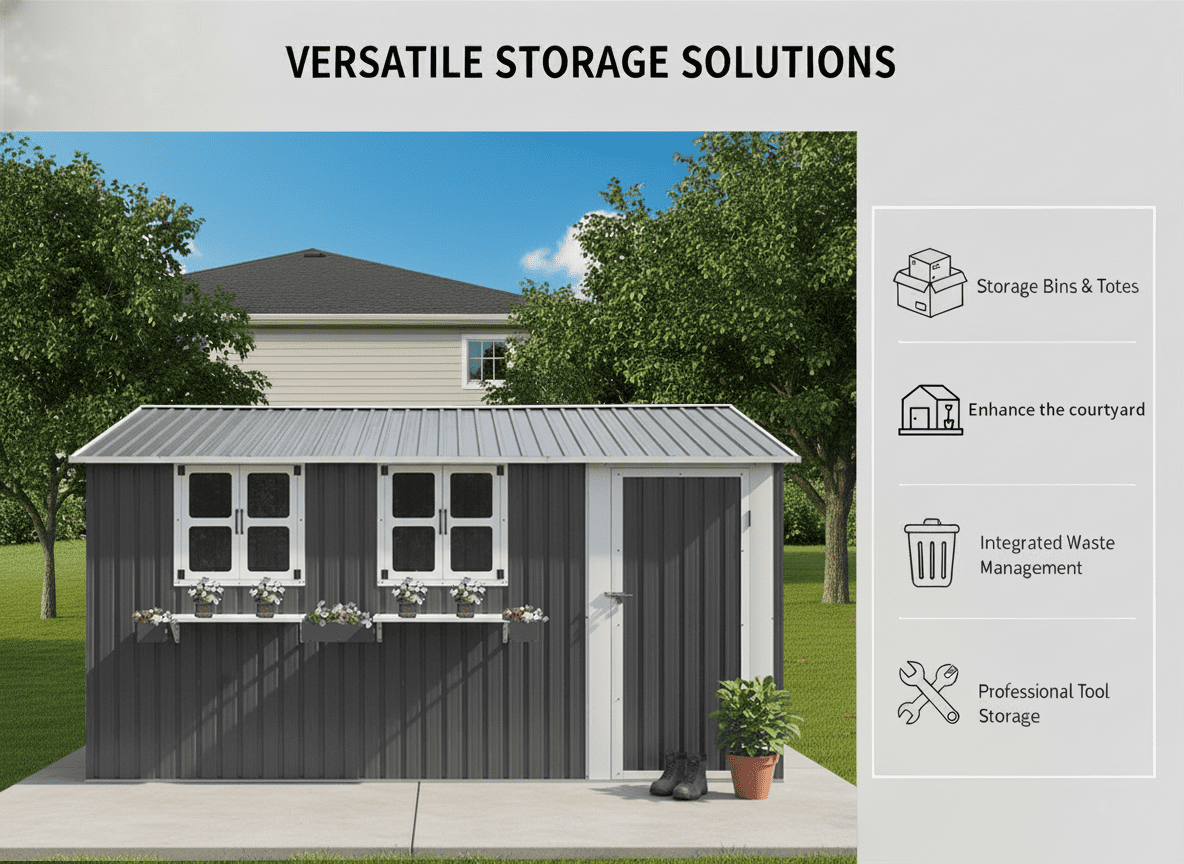 Mintazer 12×10ft Metal Outdoor Storage Shed with Lockable Door & 3 Windows, Weatherproof Garden Tool Shed with Flower Baskets, Gray
