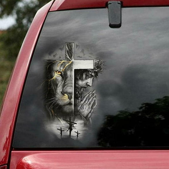 Jesus Cross Lion of Judah God Prayers Transparent Decal, Jesus Sacrifice Car Stickers, Transparent Vinyl for Car Size 6x6 inches
