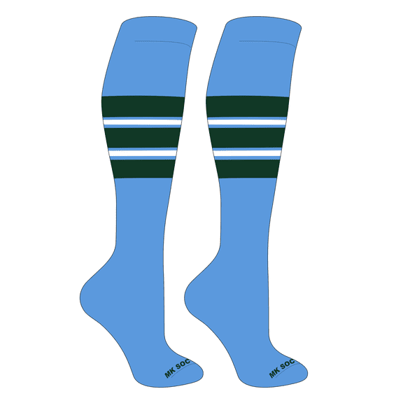 MK Socks Striped OTC Baseball, Softball, Football Socks (E) Columbia Blue, Dk Green, White (S)