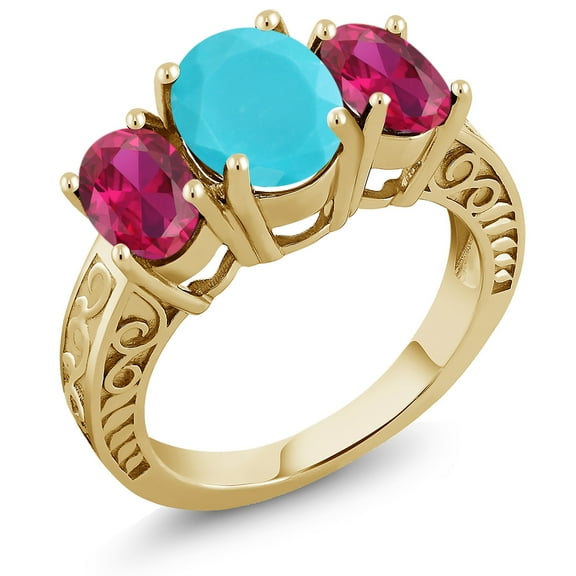 Gem Stone King 3.20 Ct Oval Green Turquoise Red Created Ruby 18K Yellow Gold Plated Silver Ring (Size 8)