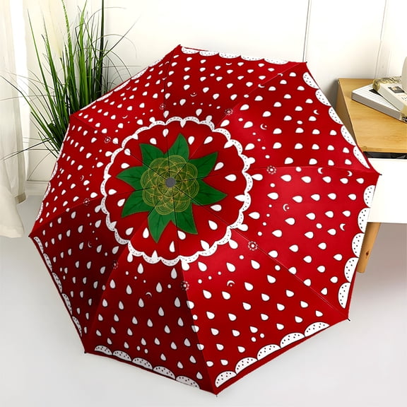 Cute Cartoon Strawberry Print Automatic Folding Umbrella, Portable 8-Rib Windproof Rain Umbrella for Outdoor, Travel, and Daily Use