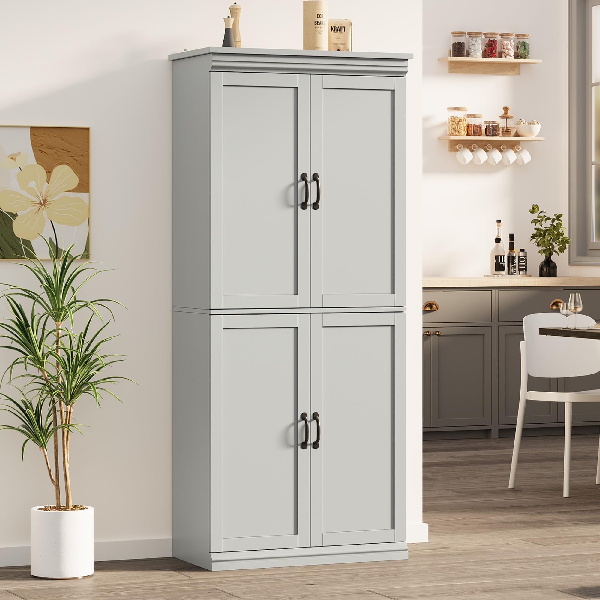BouPower Pantry Cabinet,70" Tall Kitchen Pantry Cabinet with 2 Doors and 3 Adjustable Shelves, Freestanding Cupboard, Modern Tall Storage Cabinet for Bathroom, Dining Room, Living Room