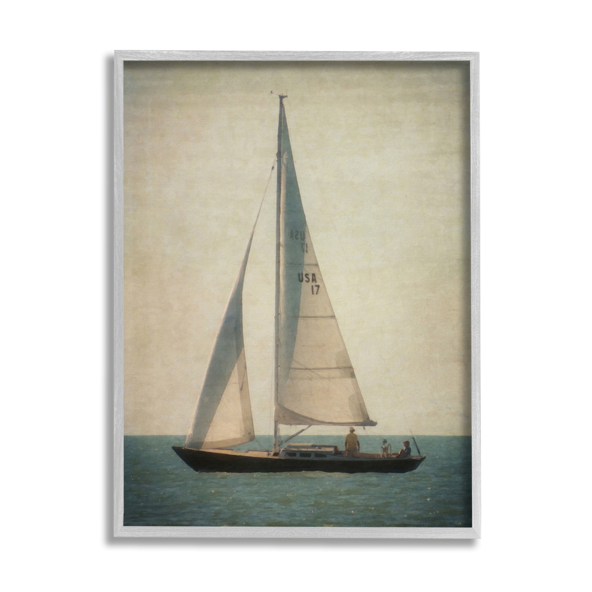 Stupell Industries Lone Sailboat People Relaxing Quiet Ocean Landscape Painting Gray Framed Art Print Wall Art, Design by Graffitee Studios