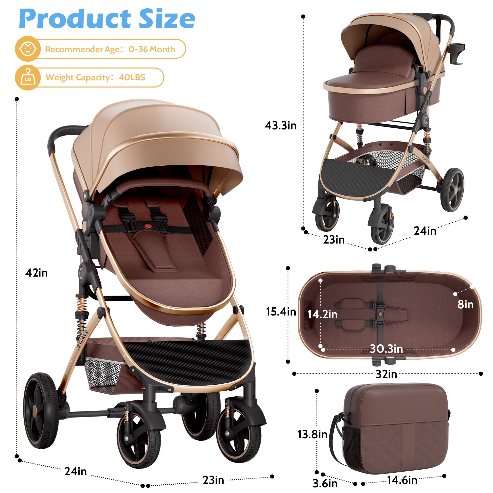 babyeap 2 in 1 Baby Stroller,Foldable Lightweight Carriage Reversible Bassinet Pram for Toddler,Travel Stroller with with Cup Holder、Storage Bag,Brown