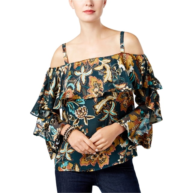 I.N.C Blouse à Épaules Dénudées à Volants pour Femmes, Vert, Grand