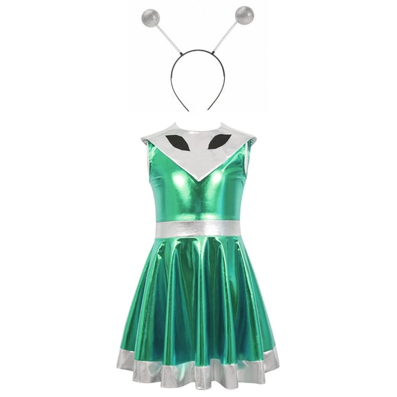 QQAMB Alien Costume for Girls Shiny Metallic Cap Sleeve Pleated Casual Dress Theme Party Fancy Dress