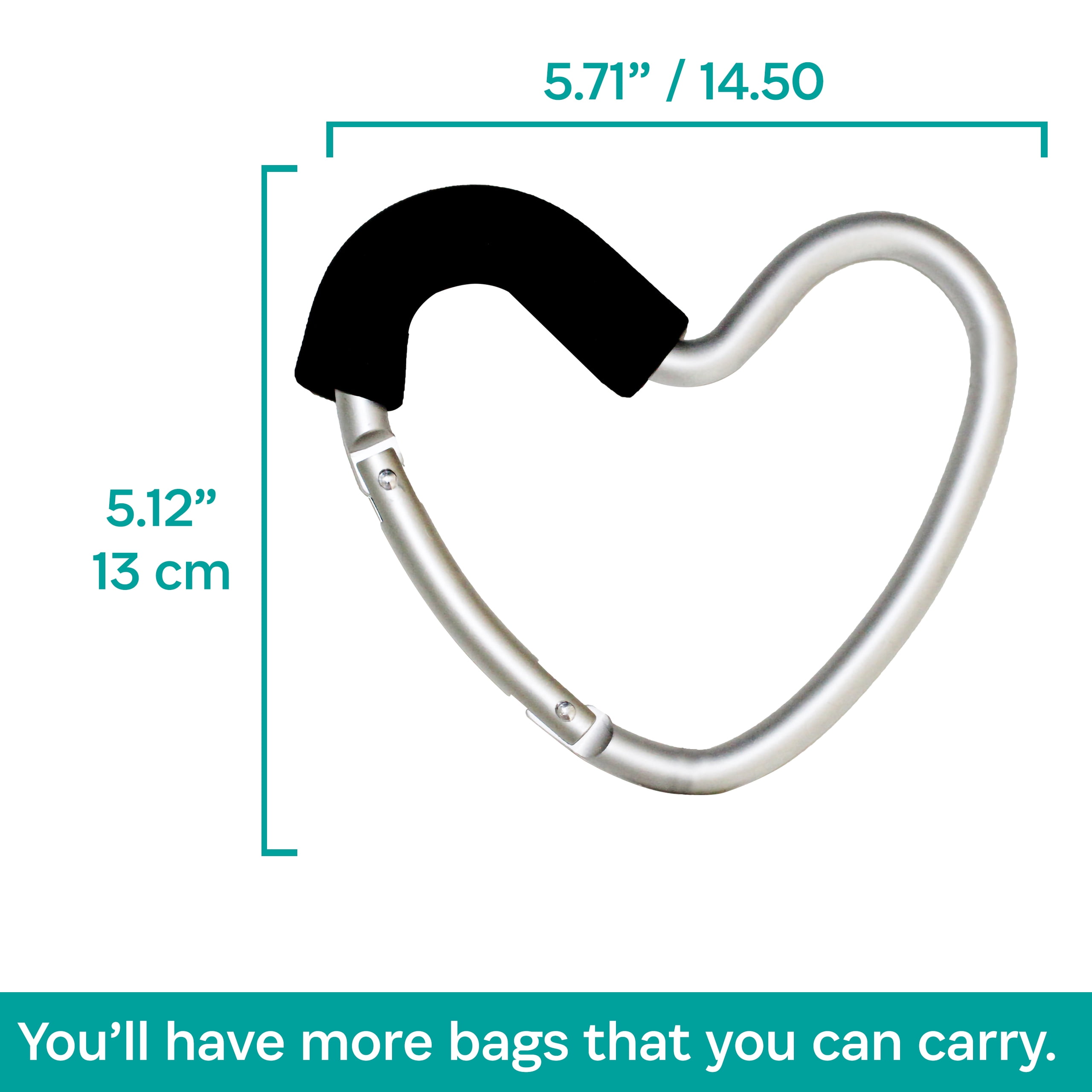 BuggyGear Stroller Heart Hook - Silver Aluminum/Black Foam