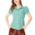 thumbnail image 2 of Women's Plaid Shirt Sleeve Lace Patchwork Oktoberfest Short Sleeved Lapel Top, Stylish Beer Festival Shirt, Casual Checked Blouse with Lace Details, Trendy Short Sleeve Shirt for Fall and Spring Wear, 2 of 6