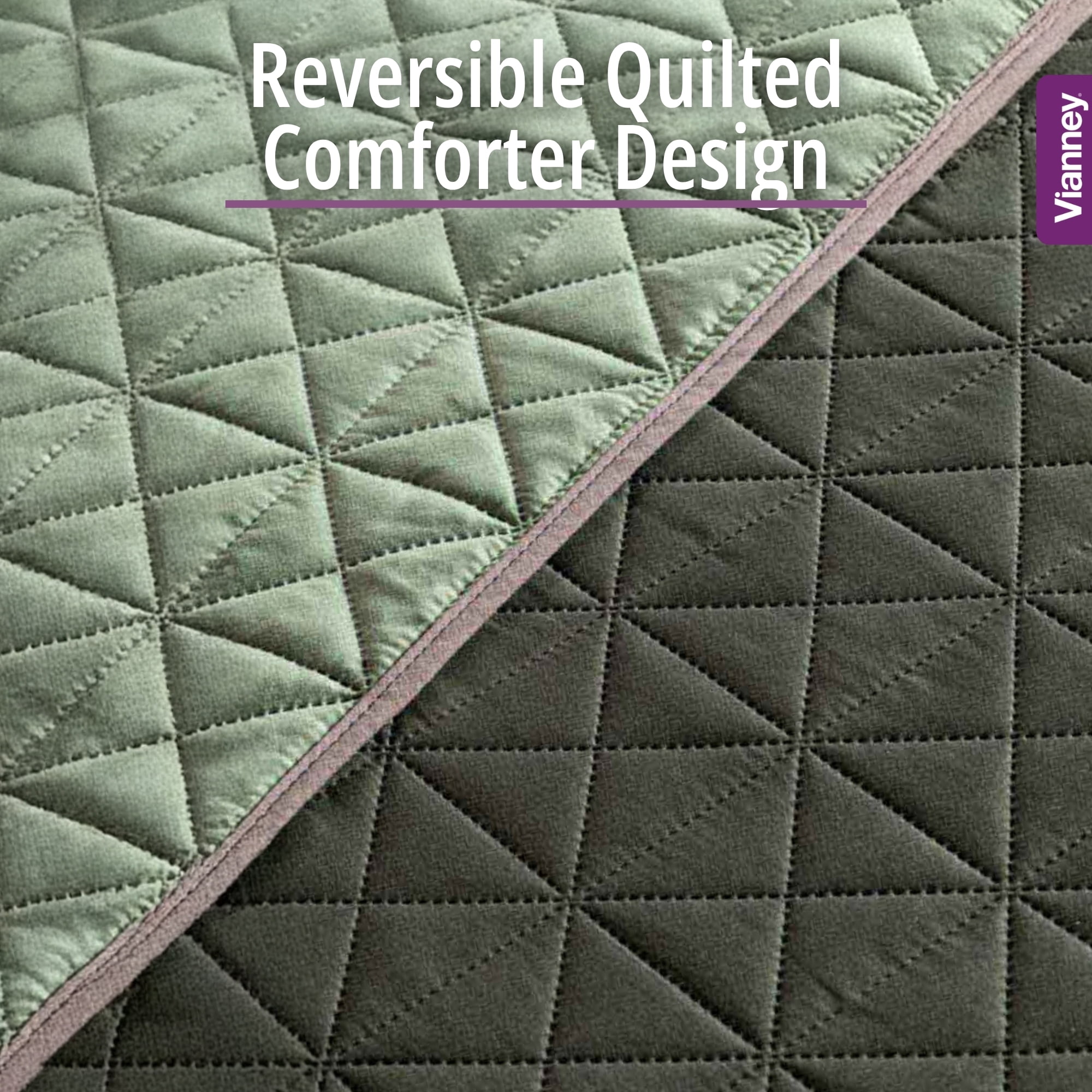 Vianney - Queen Size Comforter - 91x93 Inches - Reversible Lightweight Olive Green Bedding - Soft Triangular Quilt Pattern for Year-Round Comfort