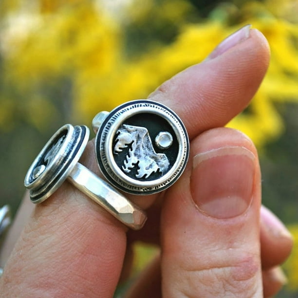 Anillos para mujer, regalos para mujer, anillo vintage de montaña con diseño de bosque, atardecer y pico creciente.