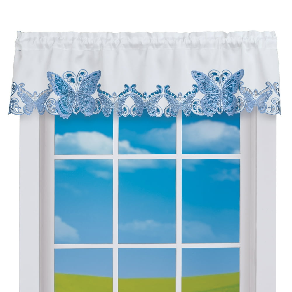 Crochet Lace Dainty Blue Butterflies Window Valance