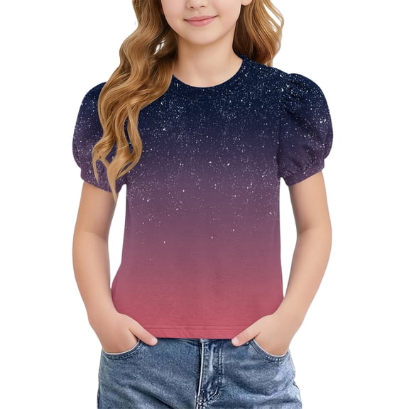 Twczz Girls Gradient T-Shirt- Summer Casual Puff Short Sleeve Cute Crewneck Kids Fashion Tops Pink Size 5-14