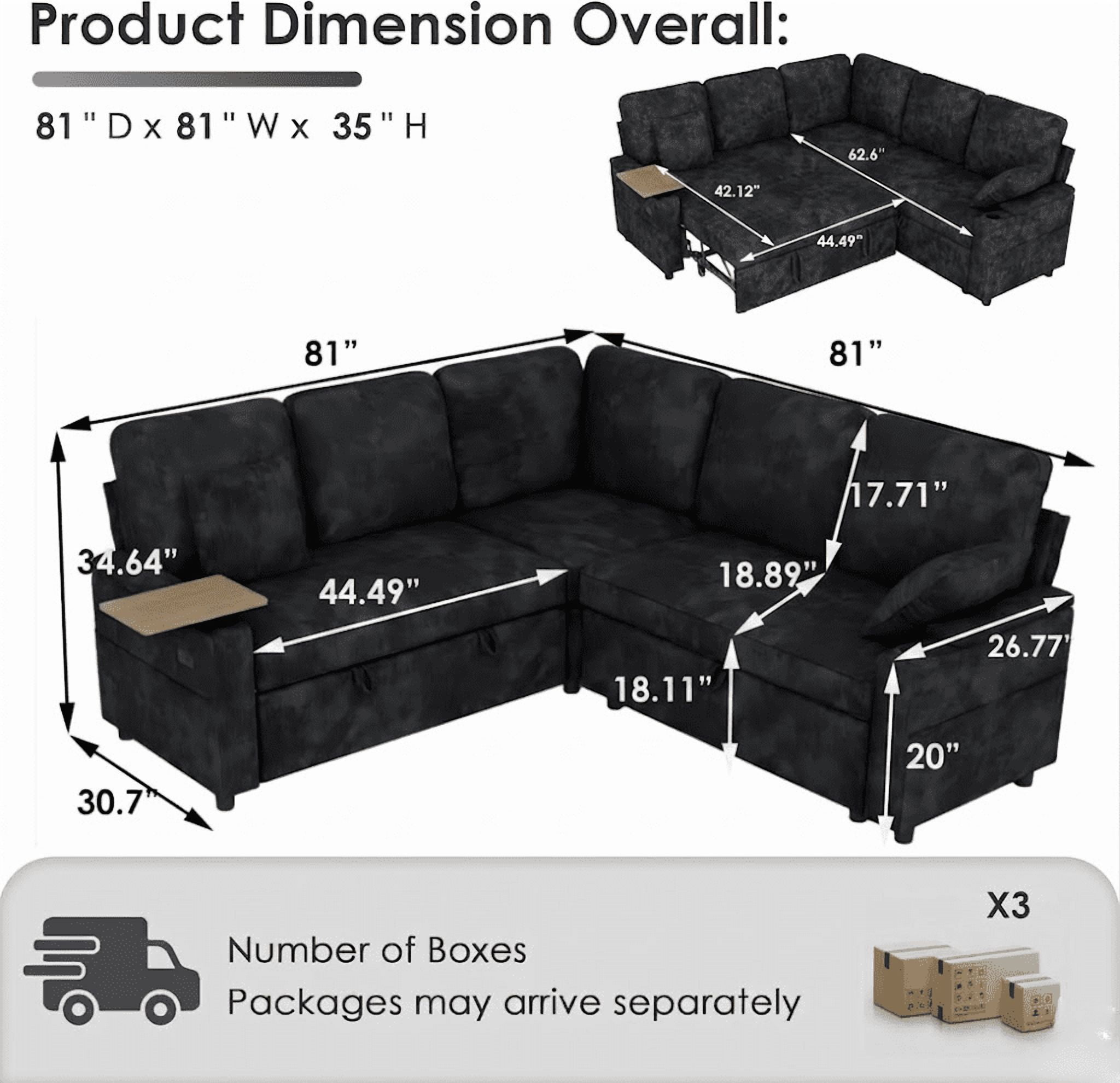 EPOWP 81" Modular Sectional Sleeper Sofa, L Shaped 5-Seater Couch with Pull Out Bed, Large Storage Chaise, USB Charging Ports & Cup Holders, Chenille Sofa Bed for Living Room, Black