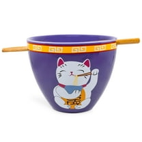Bowl Bop Purple Lucky Cat Japanese Dinner Set | 16-Ounce Ramen Bowl, Chopsticks