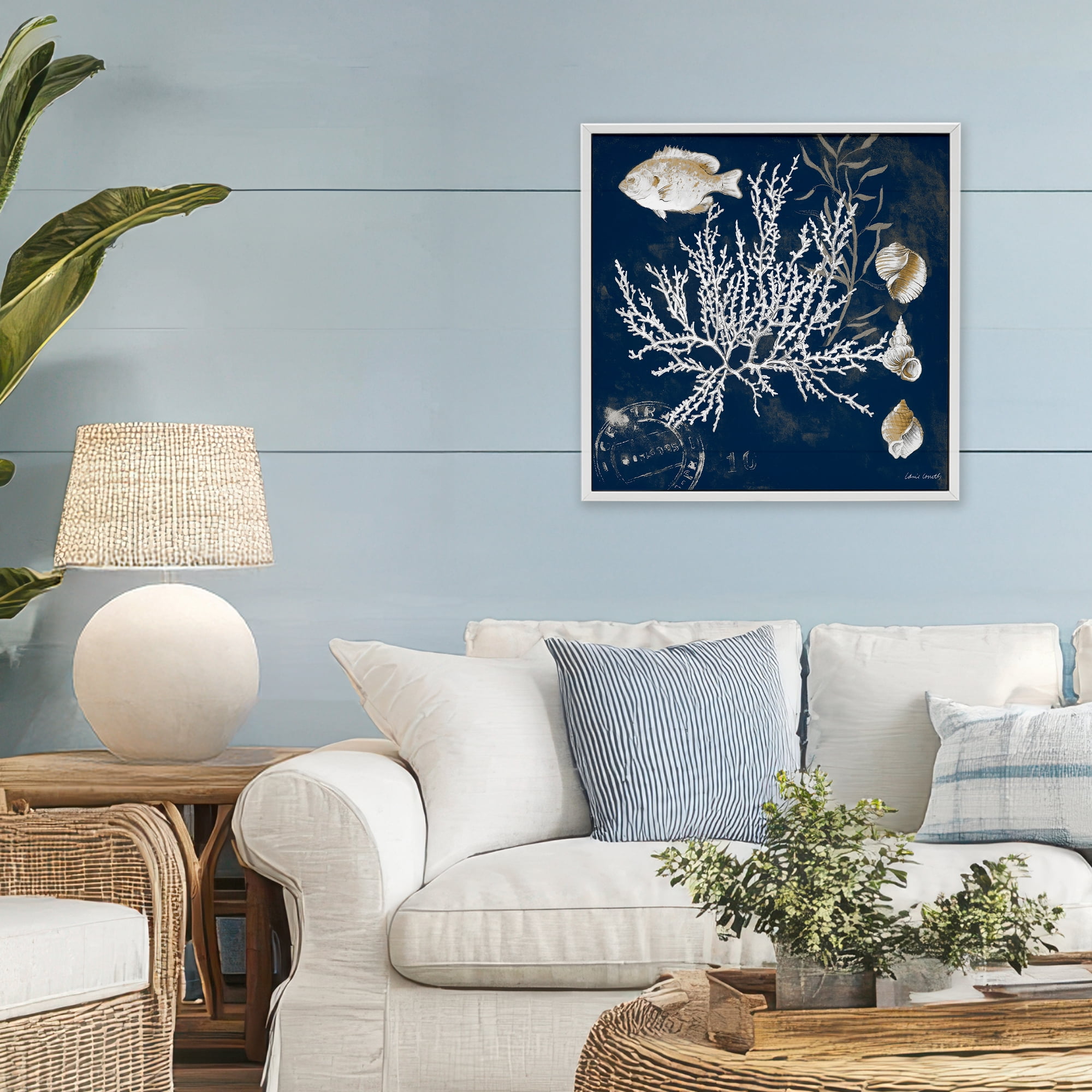 Stupell Industries Coral Medley on Blue White Framed Giclee Art, design by Lanie Loreth