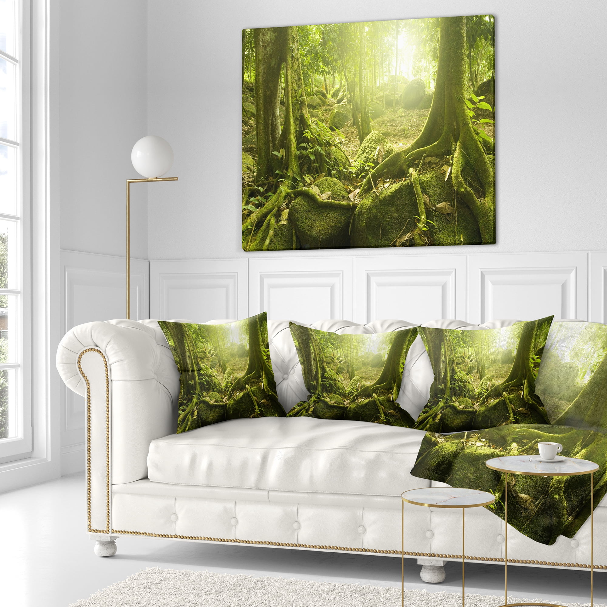 Designart Green Forest with Sun - Landscape Photography Throw Pillow - 18x18