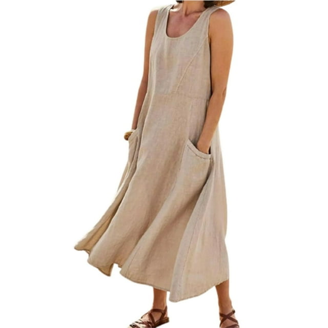Women‘s Sleeveless Cotton Linen Dress with Pockets Boho Style Beach Tank Dress