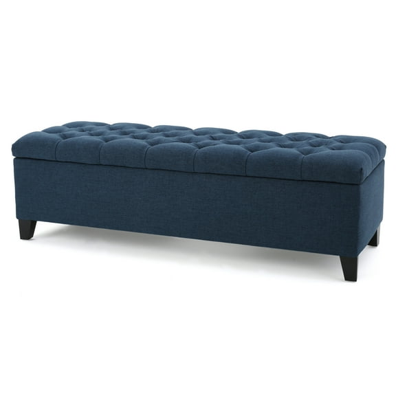 GDF Studio Charleston Contemporary Button Tufted Storage Ottoman Bench, Dark Blue Fabric