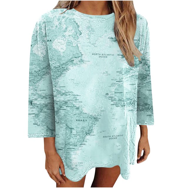 Camiseta holgada estampada a la moda para mujer, blusa de manga 3/4 de longitud media, Tops informales con cuello redondo Pompotops FGAJ3667